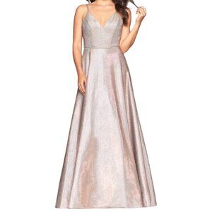 Faviana Metallic Shimmery A-Line V-Neck Gown S10424 Gold Size 12 NWT